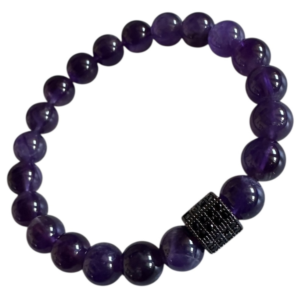 NEW Amethyst 8mm Beaded Stretch Bracelet Purple Black Pave Hexagon Spacer